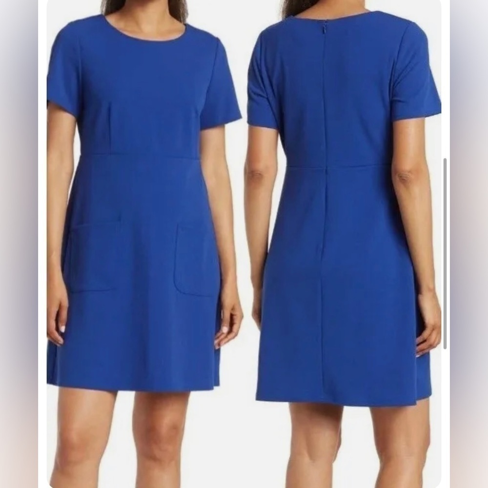 Tahari‎ Arthur S Levine Blue A-Line Pocket Dress Size 10 Short Sleeve Crepe